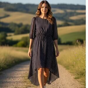 En Focus Dress Womens 8 Blue Polka Dot Hi Low Career Casual 3/4 Slit Sleeve